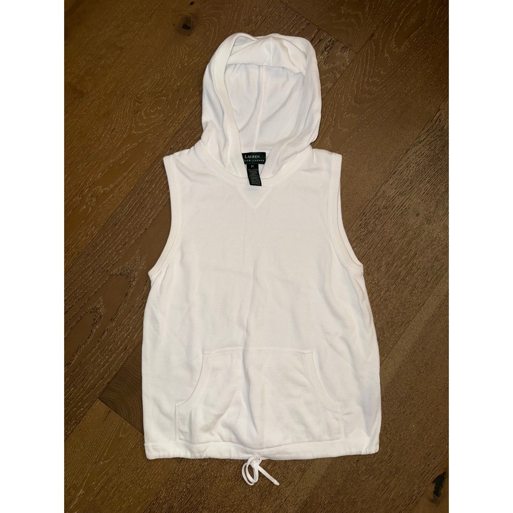 Lauren Ralph Lauren White Sleeveless Knit Hoodie Drawstring Hem Cotton Vest M